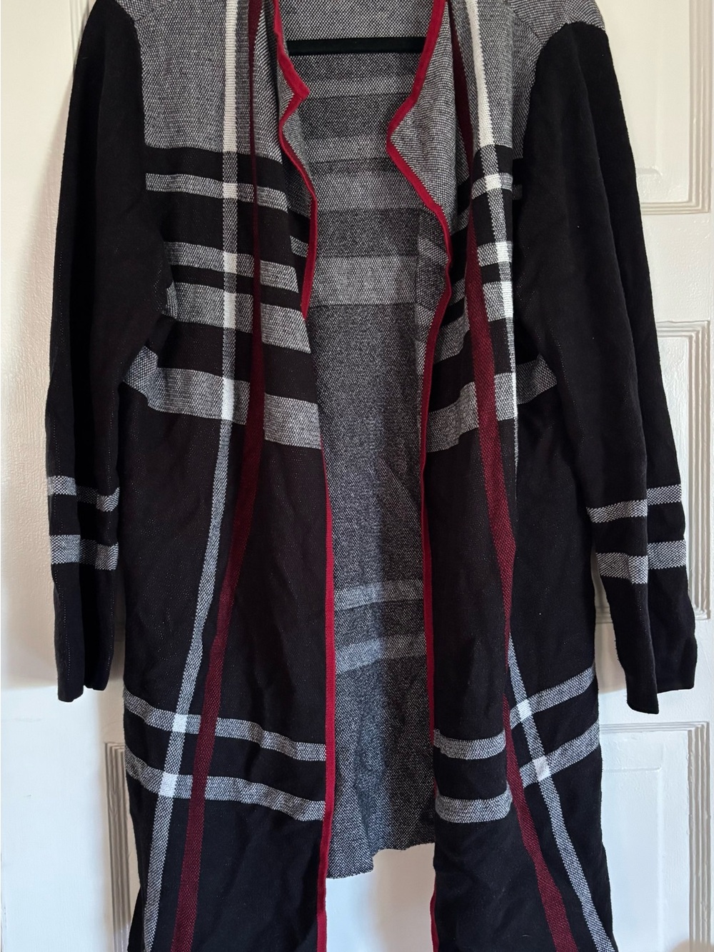 Anne Klein Black and Gray Striped Open Cardigan with Burgundy Trim